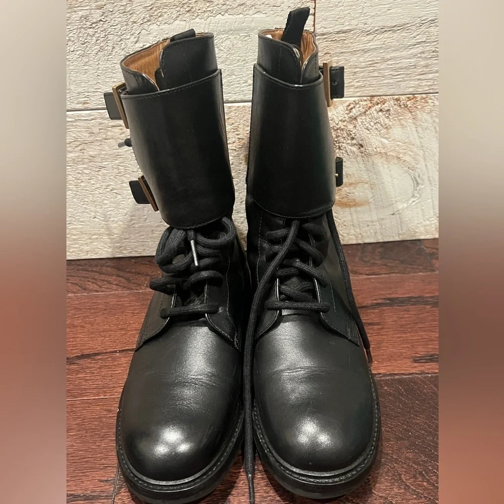 TORY BURCH Women’s Black Leather Gold Buckle Lukas Combat Boots Size 6.5